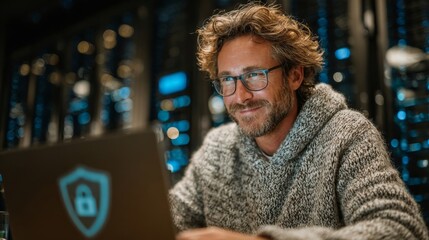 A male IT professional working on a laptop in a server room focused on cybersecurity and data protection
