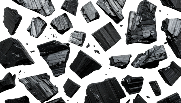 Irregular black stone pieces are scattered in the dark space, showcasing their rough texture and angular shapes