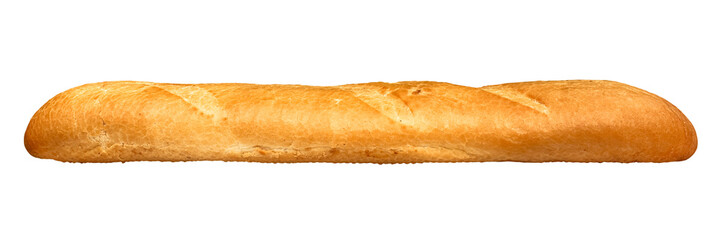 Freshly baked golden baguette isolated on a transparent background. Side view.