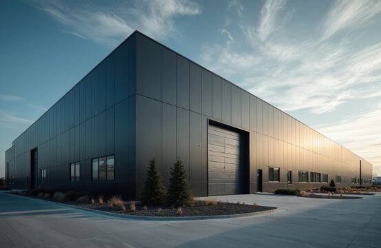 Large modern industrial building exterior with closed loading bay door, windows. Grey metal facade reflects soft golden sunset light. Minimalist landscaping surrounds structure under sky with light