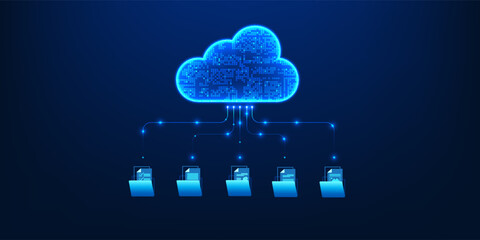 Cloud technology connected to document files, symbolizing data storage, online synchronization, and digital collaboration through cloud computing