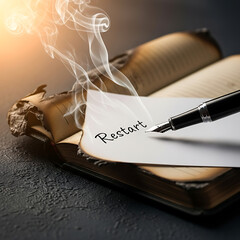 Restart concept with burning book and fountain pen on table