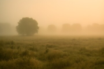 Fototapeta premium Lone Tree in a Foggy Field at Sunrise