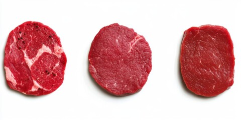 Slices of raw meat isolated , top view, Photo.