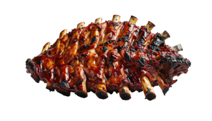 Glazed ribs, charred and juicy, isolated on black backdrop, tempting BBQ deliciousness