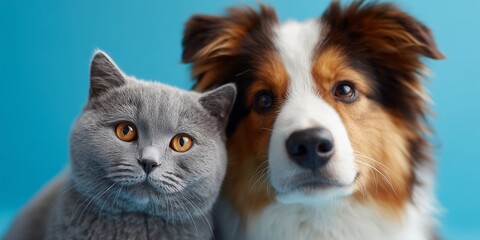 Two pets share a close moment against a vibrant blue background during a playful afternoon