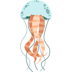 Pixel Art Style Jellyfish With Tentacles Floating Underwater In Light Blue And Orange Colors On Transparent Background