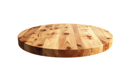 Circular, light-brown wooden platter with knot details, resting on a black background, creating depth and contrast