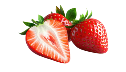 Three ripe strawberries, one halved to reveal juicy interior, against black