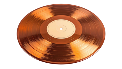 A glossy, copper-colored vinyl record is centered on a black background with smooth circular patterns
