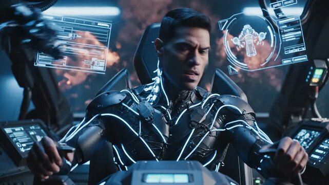 A Pilot Navigating a Futuristic Spaceship Amidst a Battle in the Cosmos with a Determined Focus