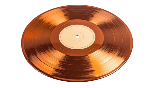 A glossy, copper-colored vinyl record is centered on a black background with smooth circular patterns