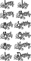 Fototapeta premium Month Titles Design Flourish and Floral Accents for Yearly Calendar Pages and Decorative Art