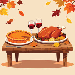 Thanksgiving Pumpkin pie, roasted turkey, wine glasses on rustic table-01.eps