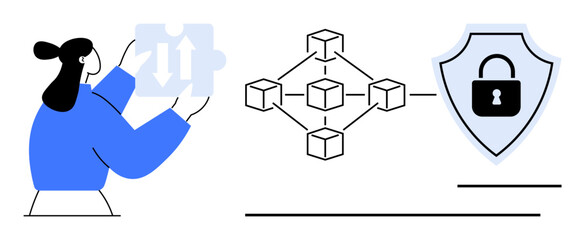 Woman holding puzzle piece near blockchain network and shield with padlock. Ideal for data security, blockchain, technology innovation, cybersecurity, encryption, secure systems, digital protection