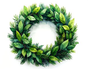 A vibrant watercolor wreath composed of various shades of green leaves and evergreen branches