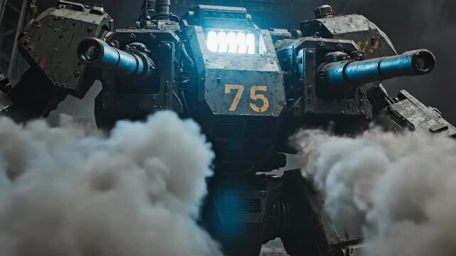 A powerful science fiction battle mech equipped with heavy artillery emerges from a thick cloud of smoke on a futuristic battlefield