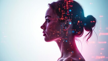 Woman profile with digital data overlay. Futuristic cybernetic head with glowing neon circuits. Connected mind with abstract network streams. Modern AI concept art.