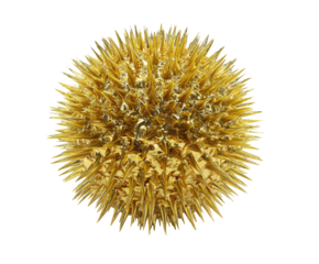 Spiky, golden, spherical object with a metallic sheen against a solid black background, resembling a stylized virus