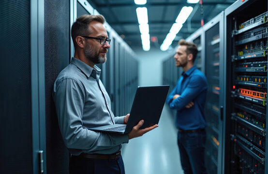 Two men in a data center. One IT specialist holds a laptop. Another man stands near server racks. Colleagues discuss data processing and IT solutions.