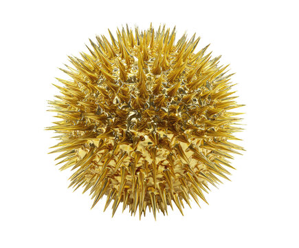 Spiky, golden, spherical object with a metallic sheen against a solid black background, resembling a stylized virus