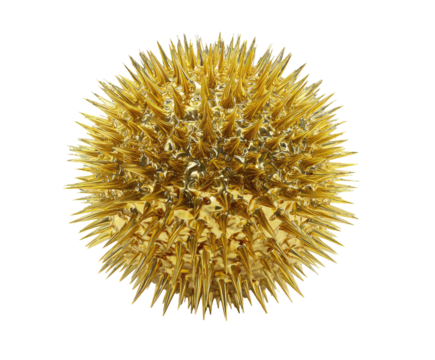 Spiky, golden, spherical object with a metallic sheen against a solid black background, resembling a stylized virus - Powered by Adobe