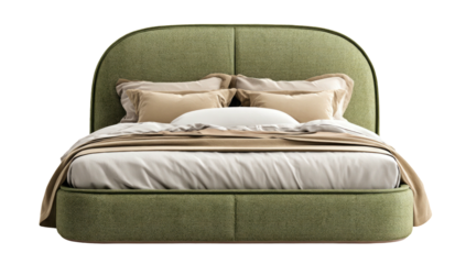 Modern bed with green upholstered headboard, covered with white sheets and beige pillows on a black background