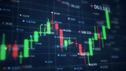 Abstract digital stock market graph with green and red candlestick charts showing price fluctuations and financial data on a dark blue grid background - Powered by Adobe