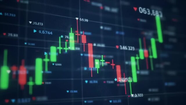 Abstract digital stock market graph with green and red candlestick charts showing price fluctuations and financial data on a dark blue grid background - Powered by Adobe