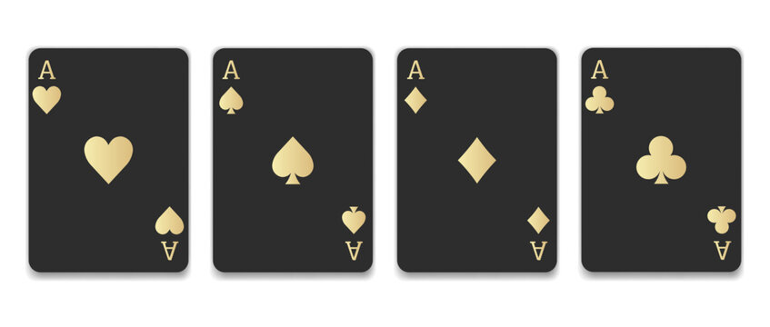 Poker card dark with metallic gold symbols, set playing cards. Four black aces suits collection. spade, heart, club, and diamond. Elegant playing cards. Luxury casino game design element. 