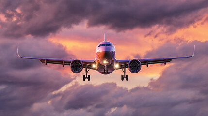 Commercial Jet Against a Dramatic Sunset Sky