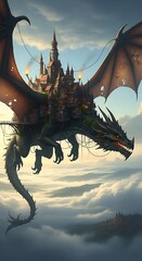 Majestic Dragon Soaring Through Clouds with Castle on Back.