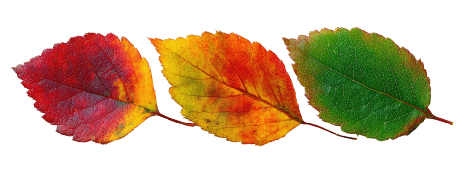 Trio of leaves showing change of seasons. Red, yellow, and green. Leaves have veins. Black background