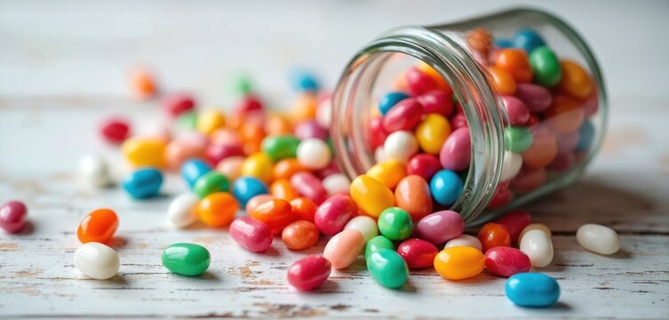 Colorful jelly beans spill from glass jar onto distressed white wood table. Assorted sweet confections in rainbow hues invite enjoyment, celebration. Bright sugar candies arranged for festive treat.