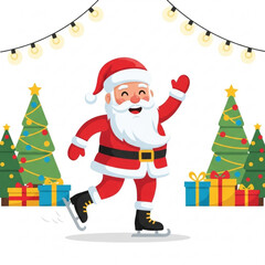 Cheerful Santa Claus ice skating near Christmas trees and gifts, Concept of New Year, Christmas  