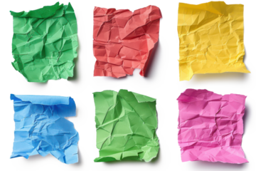 set of colorful ripped paper piece or blank crumpled sticky note collection isolated on white or transparent png