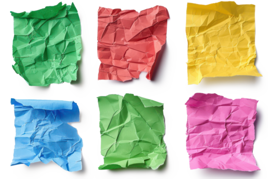 set of colorful ripped paper piece or blank crumpled sticky note collection isolated on white or transparent png