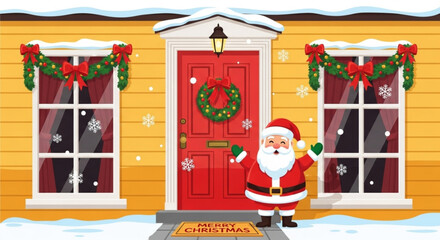 Santa Claus greeting in front of a decorated house for Christmas  