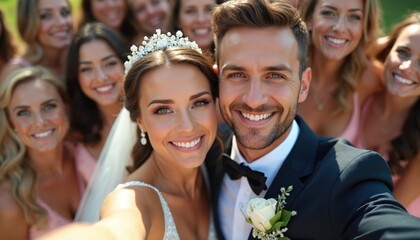 Happy bride, groom take cheerful group selfie. Celebrate joyous wedding day with friends, bridesmaids outdoors. Everyone smiles widely for camera. Young couple starts new marriage life, capturing