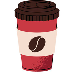 Red Coffee Cup with Brown Lid and Sleeve Featuring a Coffee Bean Symbol on a Transparent Background Minimalist Design
