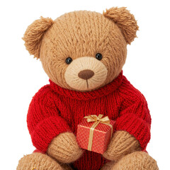 Obraz premium Teddy bear in red sweater holding gift box cute plush toy present holiday celebration christmas birthday on transparent background