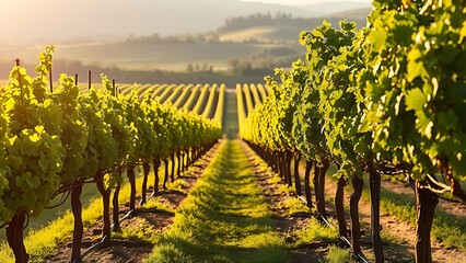terroir. Vineyard rows stretching under natural sunlight, creating a serene and picturesque landscape. travel magazines, destination branding, designed for outdoor magazines and nature guides.