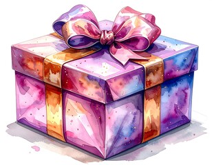 A vibrant, watercolor-style gift box adorned with a large, colorful bow