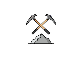 Mining Industry Icon with Crossed Pickaxes and Rock Pile.