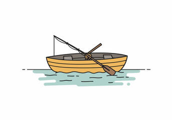 Fishing Boat on Water with Oars and Fishing Rod.
