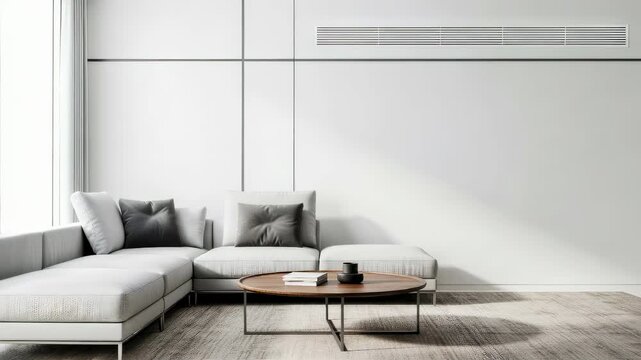 Modern living room interior with a hidden ventilation system embedded in a minimalist wall design, showcasing climate control technology footage.