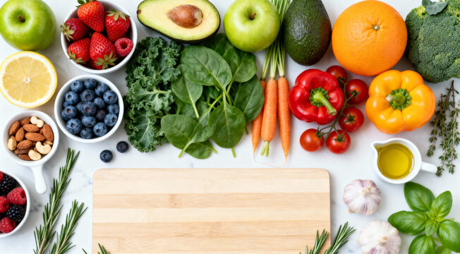 Healthy food flat lay with fresh fruits, vegetables, and blank cutting board for copy space