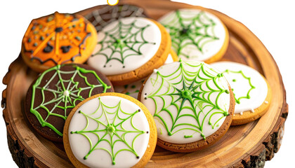 Spooky Halloween cookies arranged on a wooden slice, decorated with cobwebs and festive colors on a black background