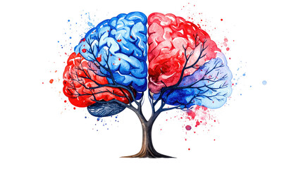 Watercolor depiction of a brain-shaped tree, with red and blue hues, on a black background