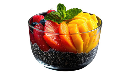 Glass bowl filled with chia seeds, assorted fruit slices, mint leaves, vibrant against a dark backdrop